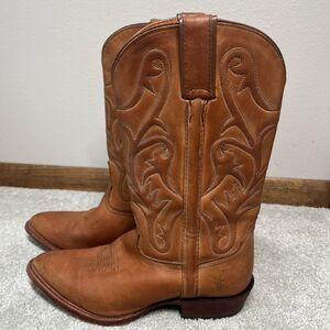 Frye Bruce Leather Cowboy Boots Women 8.5 B Embroidered Brown Pull On Mexico